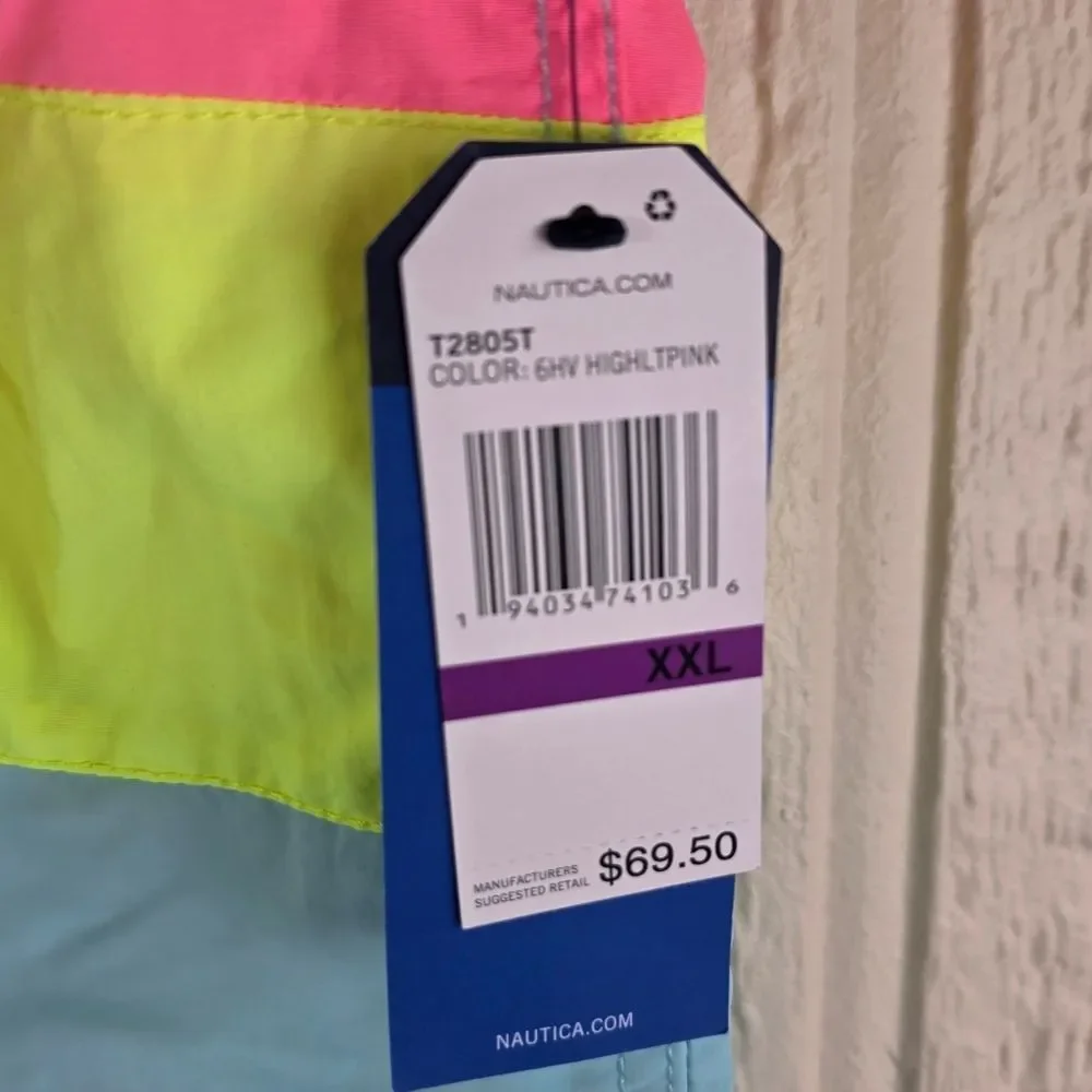 Men's Nautica Pink, Yellow, and Blue Swim Shorts, Size XXL